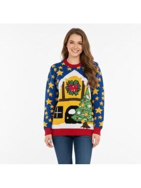 💠Cheesy Christmas Jumpers Ugly Sweater Sequin Pom Pom Tree Blue Stars Womens XS